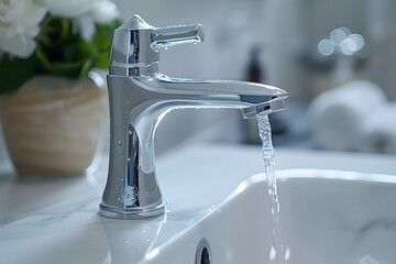 Elegant Chrome Faucet with Flowing Water in a Modern Bathroom Setting