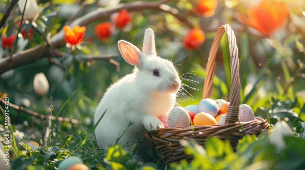 Poster The adorable white bunny with Easter eggs in a basket