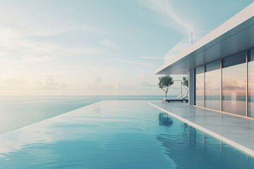 Fototapeta premium An ultra-modern infinity pool extends toward the serene ocean, surrounded by minimalist architecture and lush greenery.