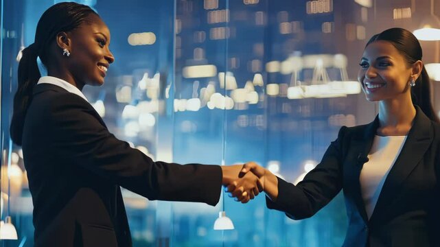 The video shows two businesswomen shaking hands as a sign of congratulations on a successful agreement.