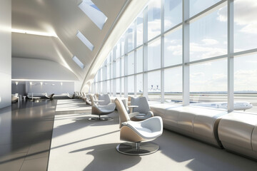 A spacious and light-filled airport lounge with comfortable seating and panoramic views of the runway.