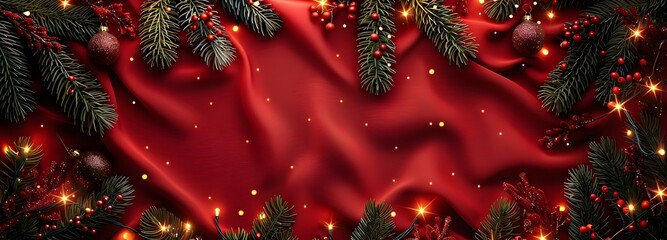 A festive, rich red backdrop adorned with lush evergreen branches and sparkling lights, perfect for holiday-themed designs and decorations. 