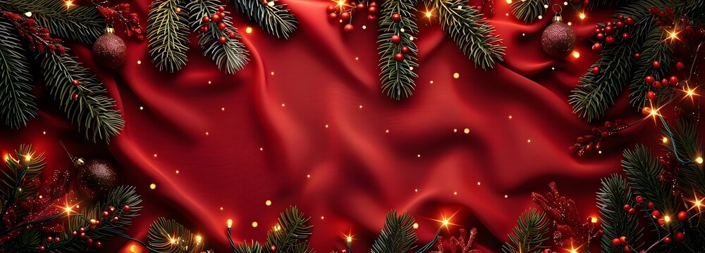 A festive, rich red backdrop adorned with lush evergreen branches and sparkling lights, perfect for holiday-themed designs and decorations. 
