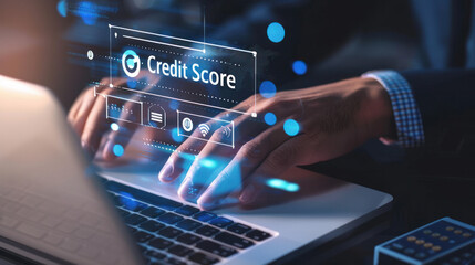 he hand of a businessman using a laptop with security icons and the text "Credit Score" on a virtual screen