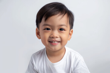 A cheerful young child grins at the camera, dressed in a white t-shirt and standing against a light backdrop.
