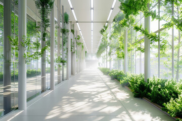 A bright, modern hallway adorned with lush, green plants under natural light, evoking a sense of serenity and freshness.