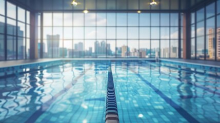 Obraz premium Close-up View Of Olympic Swimming Pool With Cityscape Through The Window stock photo 