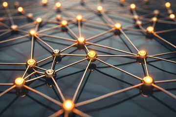 Network pattern of glowing nodes and connecting lines, representing an abstract concept of connectivity and digital communication.