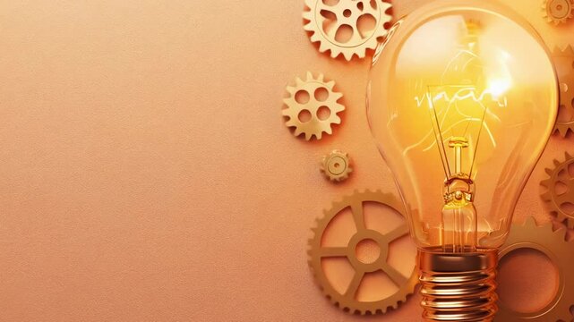 Close-up of a glowing light bulb with spinning gears, symbolizing innovation, creativity, and mechanical inspiration