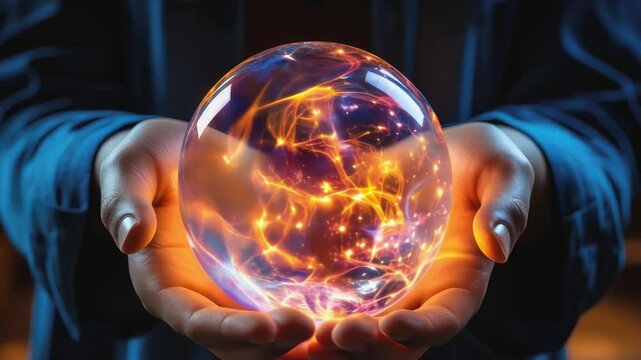 Hands hold a glowing magic ball, creating a mysterious and magical atmosphere