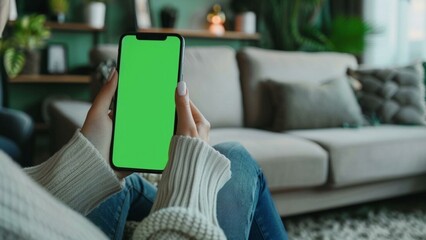Woman on a couch holding a cell phone with a green screen