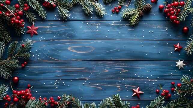 A festive flat lay of holiday decorations featuring pine branches, red berries, and stars on a blue wooden background, perfect for seasonal designs. 