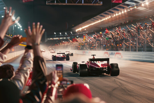 An exhilarating racing moment with cars speeding on a racetrack under bright lights, fans capturing the action with their phones, highlighting the race's excitement.