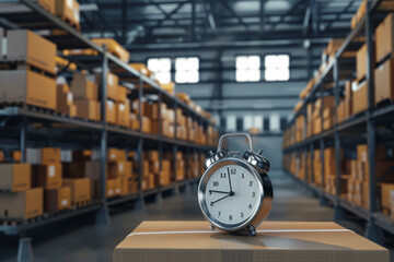 An old-fashioned alarm clock sits on a cardboard box in a large, well-lit warehouse filled with rows of stacked boxes.