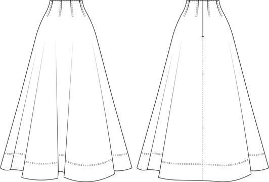 darted tailored flared zippered long maxi midi ankle length sa line skirt template technical drawing flat sketch cad mockup fashion woman design style model
