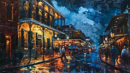 An atmospheric nighttime street scene featuring bright, colorful lights and people walking by, adding to the lively and energetic ambiance of the area.
