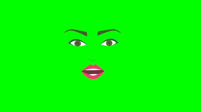 Cartoon eyes, brows,nose and talking mouth or girl or woman face on green screen for insert, chroma key green screen motion graphics stock video 3D animation. Ultra high resolution. lip syncing Facial