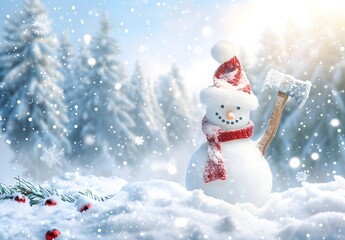 Fototapeta premium A cheerful snowman with a red scarf and hat stands in a snowy landscape with falling snowflakes, surrounded by evergreen trees and holiday spirit. 