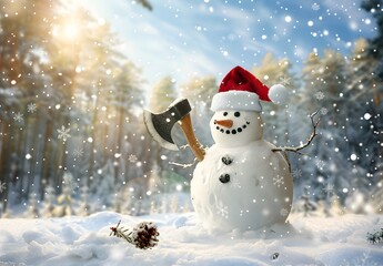 A cheerful snowman wearing a red Santa hat holds an axe amidst a snowy landscape, creating a whimsical winter scene. 