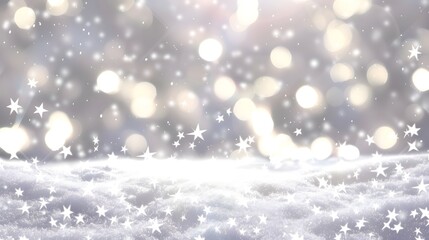 A dreamy winter scene featuring soft white snow and shimmering bokeh lights, perfect for festive themes and holiday promotions. 