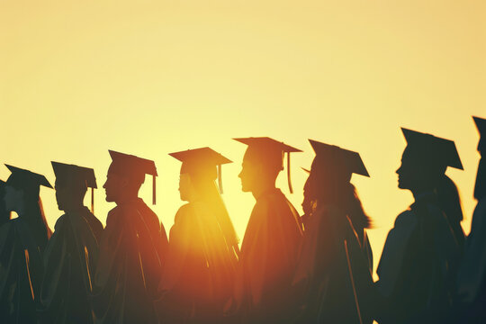 Graduates silhouetted against a golden sunrise, symbolizing new beginnings and accomplishments on their special day.