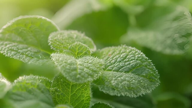 A macro shot of the fuzzy light green leaves of lemon balm showcasing the fine hairs that give it its soft texture.