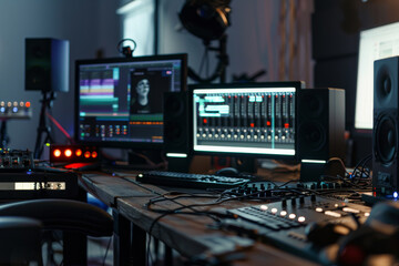 A cluttered yet cozy editing workspace lit warmly, featuring dual monitors, soundboards, and various tech gadgets preparing for a multimedia project.