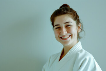 Smiling woman in a white gi against a light blue background, exuding happiness and calmness.