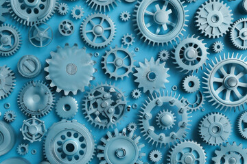 A close-up of various silver gears and cogs against a blue background, showcasing mechanical intricacy and industrial design.