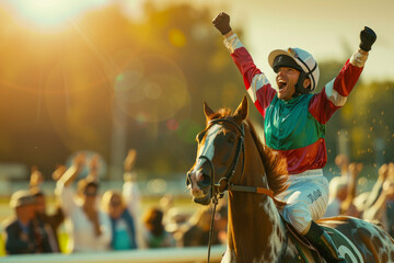 A triumphant jockey raises arms in celebration while riding a horse under a golden sunset, surrounded by cheering spectators, capturing victory and joy.