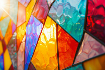 Fototapeta premium Close-up of colorful stained glass panels illuminating with bright sunlight, creating a vibrant and artistic mosaic of light and color.