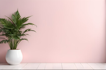 Fototapeta premium Plant in white vase on pink wall background.