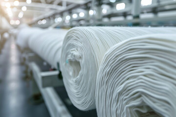 Rolls of white fabric on industrial machines in a factory, illuminated by soft lighting, showcasing the precision and scale of textile manufacturing.