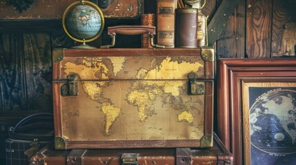 Vintage Suitcases with World Map.