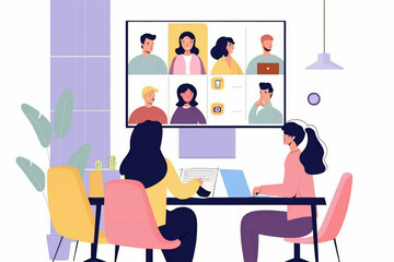 Fototapeta premium Illustration of people having an online video meeting, showcasing both a screen with participants and people working together.