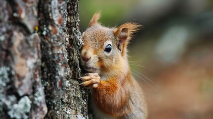 A close-up photograph of a cute squirrel with expressive eyes hugging a tree trunk, capturing the charming and innocent spirit of wildlife in its natural habitat.