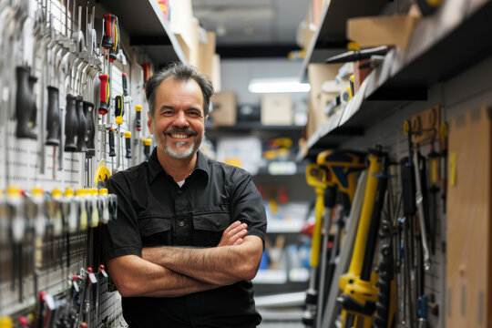 An older man stands confidently in a well-stocked workshop, arms crossed and smiling, embodying experience and skill.
