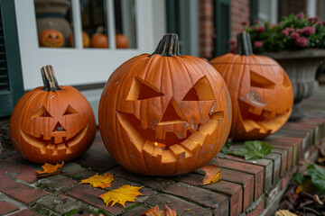 Fototapeta premium Halloween preparations. Carving jack-o-lanterns on a porch