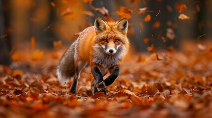 Fototapeta premium A vibrant red fox energetically leaps through a forest floor covered in autumn leaves, presenting a scene filled with motion, freedom, and the natural beauty of wildlife.