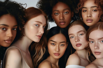 Obraz premium Group of eight diverse women standing back-to-back, radiating strength, unity, and natural beauty in a cohesive portrait.