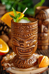Tropical Tiki Drink with Fresh Citrus Garnish and Carved Mug