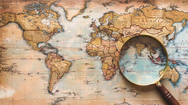 A magnifying glass lies on a detailed world map, inviting viewers to explore and discover the wonders of our planet.