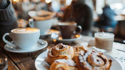 A close-up of a table in a Scandinavian cafe, with a cup of coffee and a plate of cinnamon rolls. The cafe is bustling with people enjoying fika