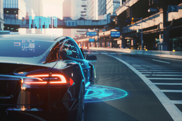 A sleek, modern car in a city with glowing digital interfaces around it, suggesting advanced navigational technology and a futuristic driving experience.
