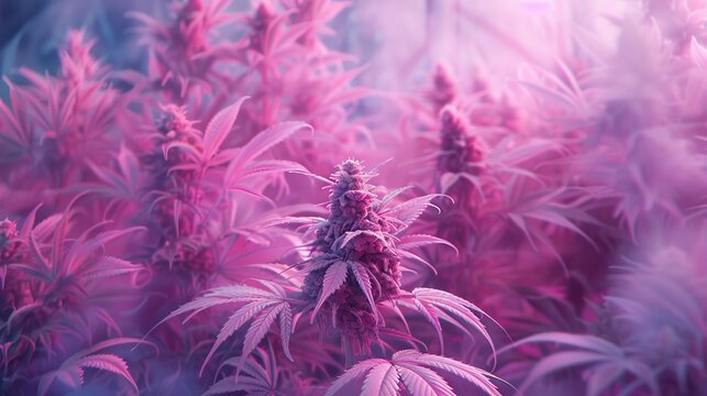 A cluster of cannabis plants, their buds and leaves glowing brilliantly under pink and purple hues, creating an almost otherworldly effect of botanical beauty.