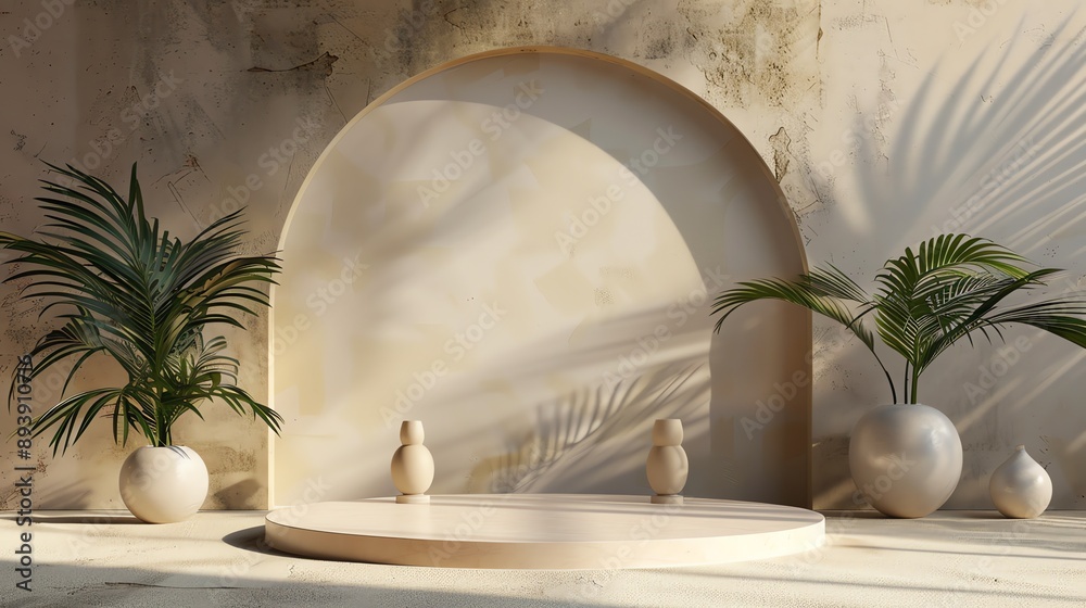 Poster 3d rendering of a podium with two vases on it. there are palm trees on each side of the podium. the 