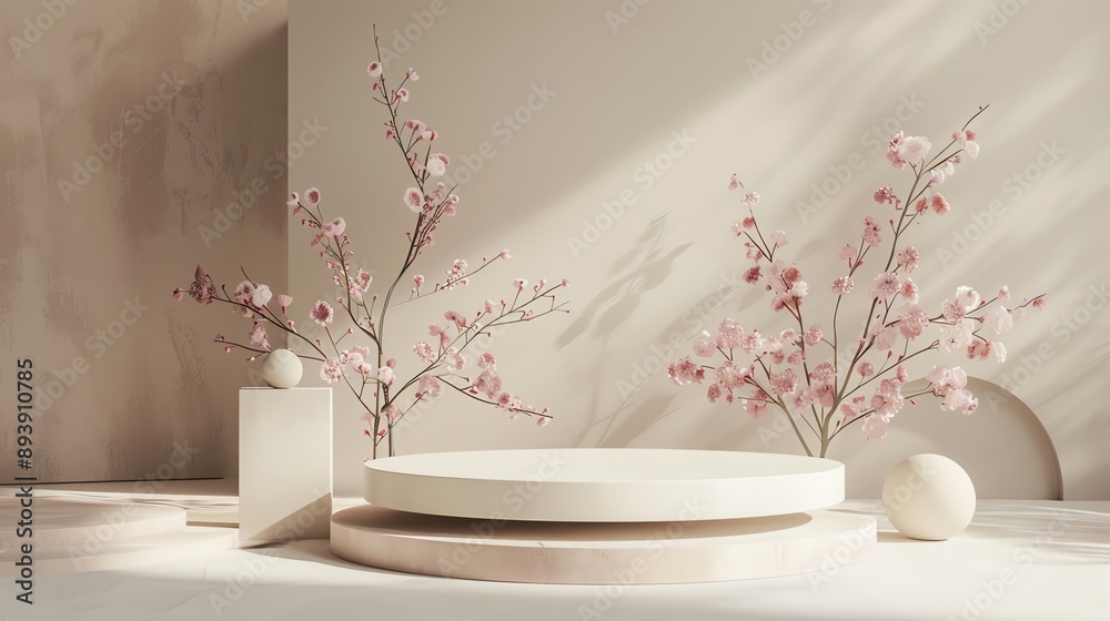 Poster 3d rendering of a product display platform with a pink flower tree. the platform is made of white an