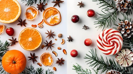 A festive flat lay featuring a vibrant assortment of dried orange slices, star anise, whole spices, cranberries, and peppermint candies surrounded by pine branches, perfect for seasonal themes. 