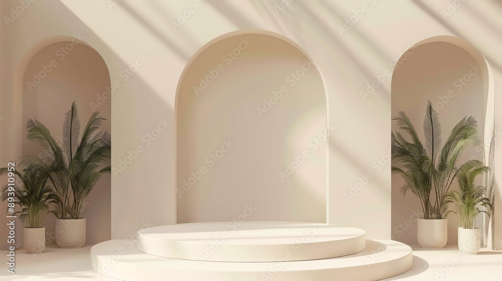 Poster 3d rendering of an empty cream podium with arches and potted palm trees on each side. the background