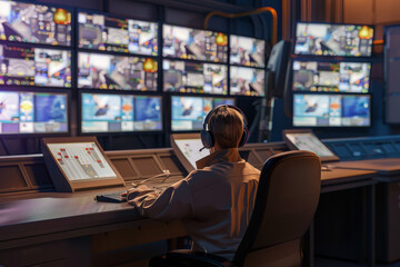 A person in a control room with numerous monitors and a headset manages various surveillance feeds, showcasing the high level of concentration and technology.